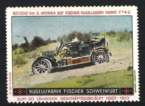 Reklamemarke Schweinfurt, Kugelfabrik Fischer, Automobil auf Landstrasse