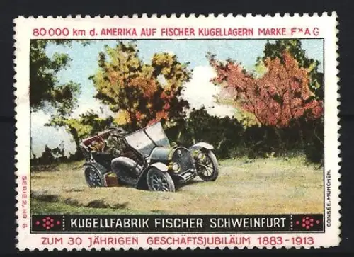 Reklamemarke Schweinfurt, Kugelfabrik Fischer 1883-1913, Automobil im Wald