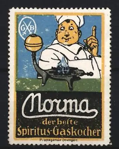 Reklamemarke Stuttgart, Norma, der beste Spiritus-Gaskocher, Koch mit Gaskocher