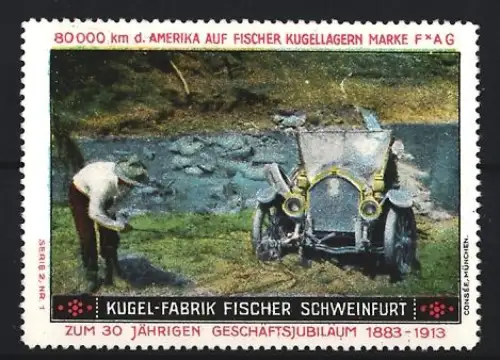 Reklamemarke Schweinfurt, Kugel-Fabrik Fischer, Auto im Gelände, 30-jähriges Jubiläum 1883-1913