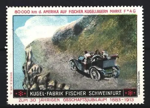 Reklamemarke Schweinfurt, Kugel-Fabrik Fischer, Auto auf Bergstrasse, 1883-1913