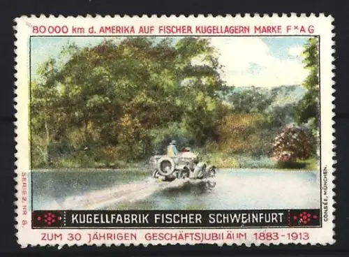 Reklamemarke Schweinfurt, Kugel-Fabrik Fischer, 30. Jubiläum 1913, Auto im Wasser