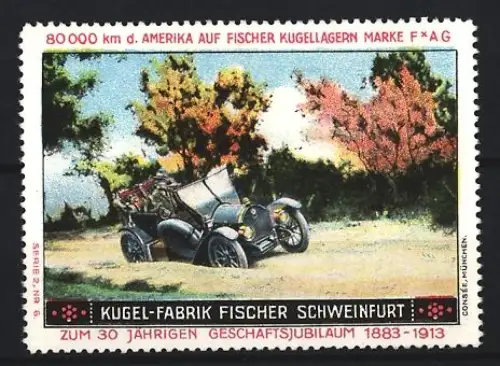 Reklamemarke Schweinfurt, Kugel-Fabrik Fischer, 30. Jubiläum 1913, Auto auf Landstrasse