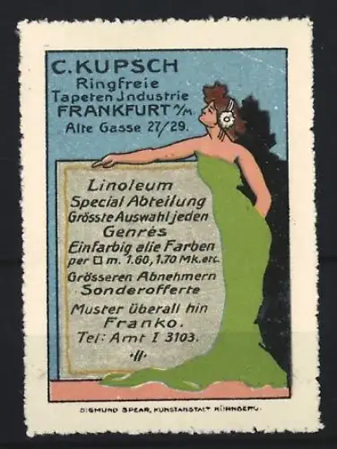 Reklamemarke Frankfurt, C. Kupsch Tapetenindustrie, Frau mit Schild