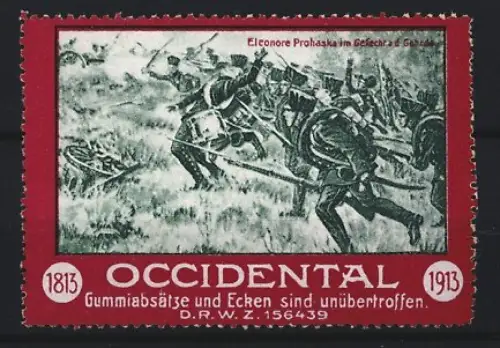 Reklamemarke Occidental, Gummiabsätze und Ecken, Eleonore Prohaska im Gefecht, Soldaten im Kampf