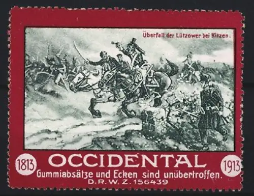 Reklamemarke Occidental, Gummiabsätze und Ecken, Überfall der Lützower bei Kitzen
