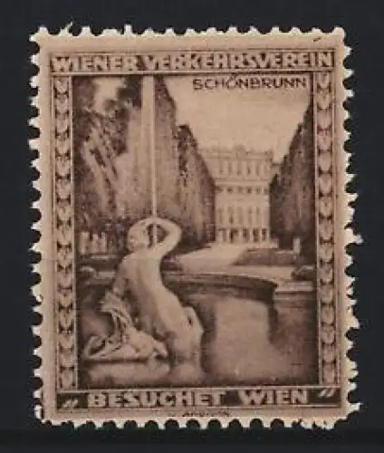 Reklamemarke Wien, Schönbrunn, Statue vor Schlossansicht und Fontäne