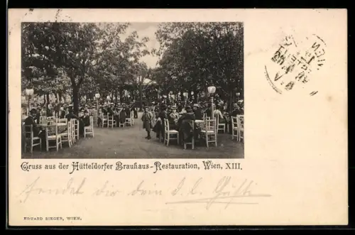 AK Wien, Hütteldorf, Hütteldorfer Brauhaus-Restaurant, Gasthaus unter Bäumen, Garten