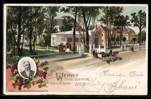 Lithographie Wien, Weigls Gasthaus Dreher-Park, Promenade mit Kutsche, Wirtsportrait