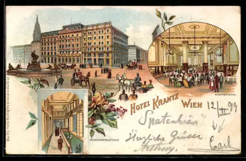 Lithographie Wien, Hotel Krantz, Platz mit Brunnen, Marmorsaal und Monumentalstiege