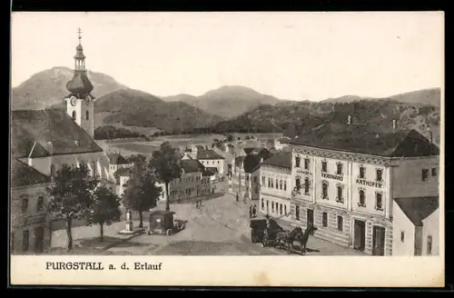 AK Purgstall a. d. Erlauf, Platz mit Kirche und Haus Ferdinand Arthofer aus der Vogelschau