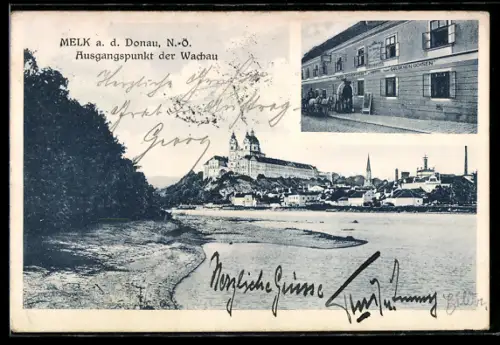 AK Melk a. d. Donau, Gasthaus zum goldenen Ochsen, Panorama mit Stift und Donauufer