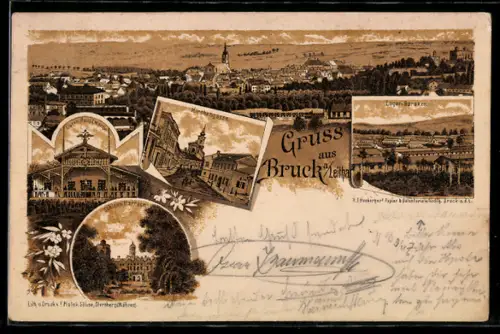 Lithographie Bruck an der Leitha, Lager-Baracken u. Hauptwache, Ortspanorama, Kirchengasse