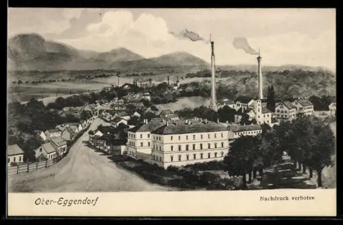 Künstler-AK Ober-Eggendorf, Panorama mit Fabrikschornsteinen und Ortsansicht