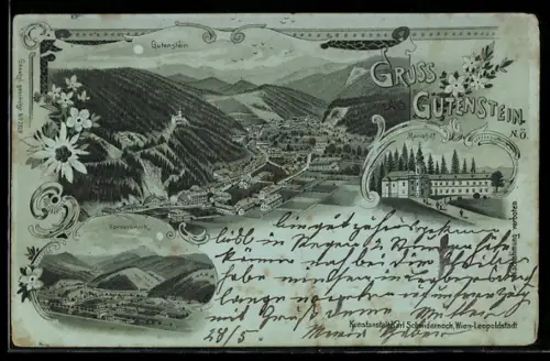 Mondschein-Lithographie Gutenstein /N.Ö., Vorderbruck, Mariahilf, Panorama mit Ort, Tal und Bergwald