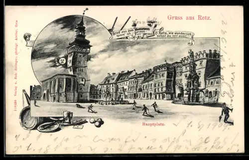 Künstler-AK Retz, Hauptplatz aus der Sicht eines Betrunkenen, Rauchender Mond