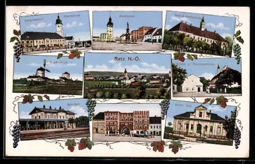 Lithographie Retz /N.-Ö., Schloss u. Schlossgasthaus, Ortspanorama, Stadtplatz