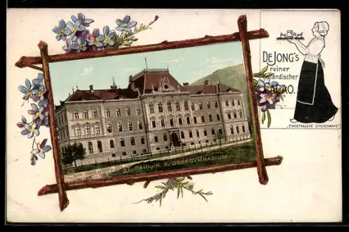 Lithographie St. Paul /Kärnten, K.k. Obergymnasium, Rahmen mit Veilchen, Reklame De Jongs Cacao, Markenbild