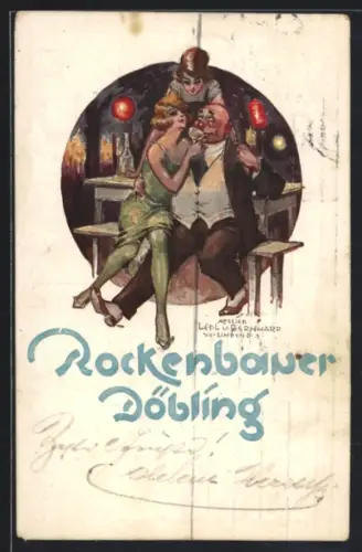 Künstler-AK Döbling, Heuriger-Gasthaus Rockenbauer, Nusswaldgasse 5, Interieur mit Gästen