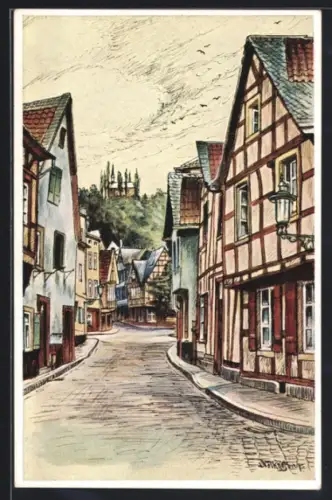 Künstler-AK Linz a. Rhein, Brüderstrasse mit Fachwerkhäusern