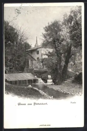 AK Hütteldorf, Partie mit Wehr, Gebäude und Kirchturm