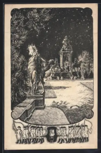 Künstler-AK Wien, Maria Theresiendenkmal bei Nacht, Soldaten mit Sänfte