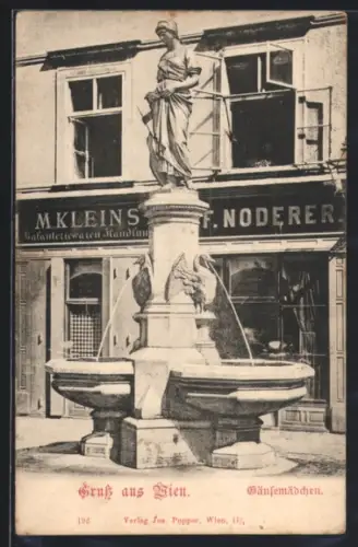 Lithographie Wien, Brunnen mit Gänsemädchen, Galanteriewaren-Handlung Kleins & Noderer