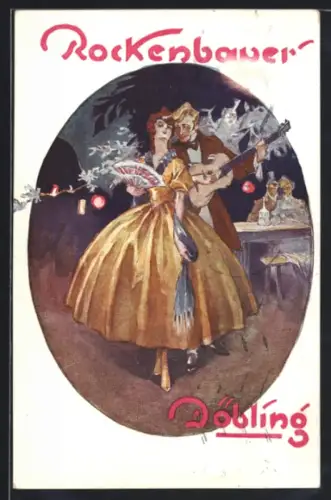 Künstler-AK Döbling, Heuriger-Gasthaus Rockenbauer, Nusswaldgasse 5, Flamencotänzerin mit Gitarrenspieler