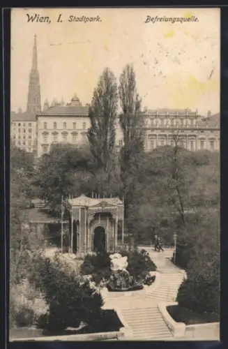 AK Wien, Stadtpark, Befreiungsquelle aus der Vogelschau