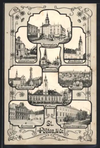 Lithographie St. Pölten /N.-Ö., Rathaus, Domkirche, Herrenplatz
