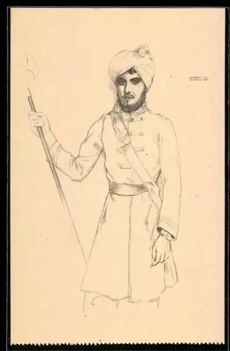Künstler-AK sign. Eduardo Malta: India, Xeque Assan Bin Xeque Ismal, Exposicao Histórica da ocupacao