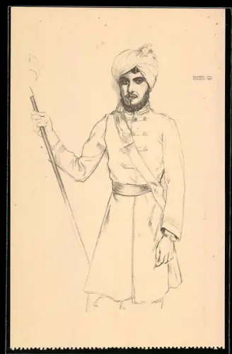 Künstler-AK sign. Eduardo Malta: India, Xeque Assan Bin Xeque Ismal, Exposicao histórica da ocupacao