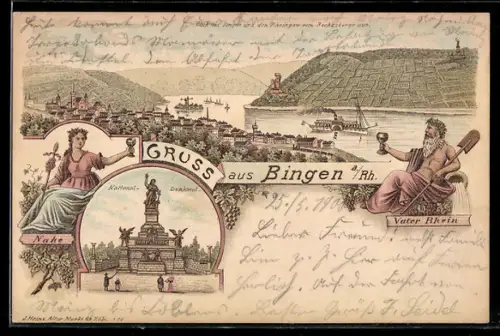 Lithographie Bingen a. Rh., Totalansicht, Nationaldenkmal, Nahe und Vater Rhein