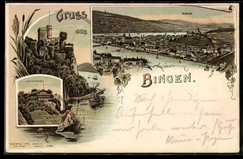 Lithographie Bingen / Rhein, Teilansicht, Burg, Schweizerhaus