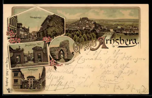 Lithographie Arnsberg / Westf., Schlossruine, Gymnasium, Hirschberger Tor