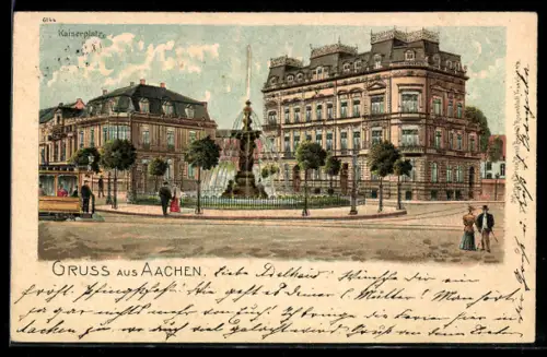 Lithographie Aachen, Kaiserplatz mit Strassenbahn und Brunnen