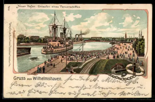 Lithographie Wilhelmshaven, Partie am Neuen Hafen, Einlaufen eines Panzerschiffes