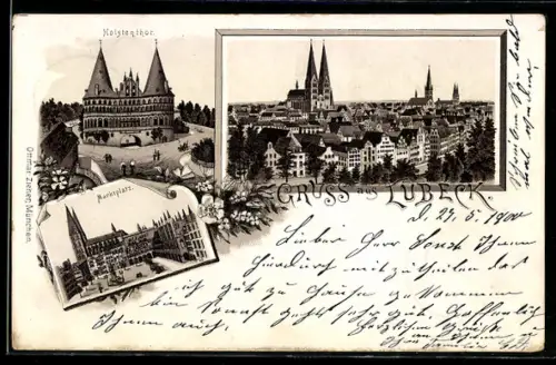 Lithographie Lübeck, Holsteintor, Marktplatz mit Rathaus, Gesamtansicht