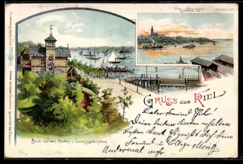 Lithographie Kiel, Hafen aus der Vogelschau, Blick auf Hafen & Landungsbrücken