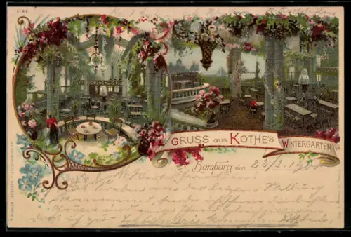 Lithographie Hamburg-Neustadt, Gasthaus Kothe`s Wintergarten, Innenansicht