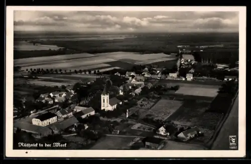 AK Rüthnick in der Mark, Fliegeraufnahme des Ortes mit Umgebung
