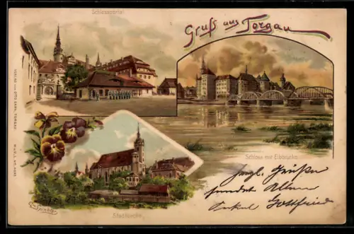 Lithographie Torgau, Teilansicht mit Brücke, Ortspartie, Kirche