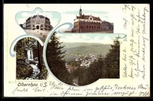 AK Olbernhau i. S., Wasserfall, Totalansicht, Amtsgebäude
