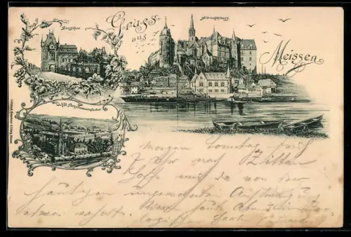 Lithographie Meissen, Albrechtsburg, Burgtor, Kgl. Porzellanmanufactur