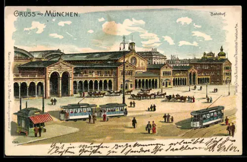 Lithographie München, Bahnhof mit Strassenbahnen