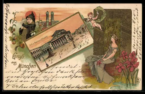 Künstler-AK München, Blick auf das Hof- und Nationaltheater, Münchner Kindl, Goldglänzende Verzierungen