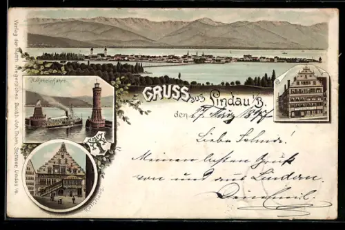 Lithographie Lindau i. B., Totalansicht, Hafeneinfahrt mit Leuchtturm und Rathaus