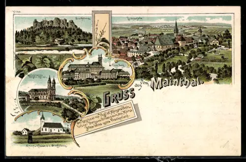 Lithographie Lichtenfels, Staffelberg, Schloss Banz, Kirche und Klause a.d. Staffelberg