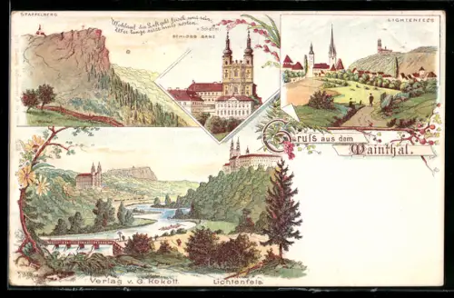Lithographie Lichtenfels, Staffelberg, Schloss Banz, Ortschaft mit Kirche, Bamberg