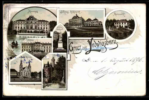 Lithographie Ludwigsburg / Württ., Monrepos, Schloss, Stadtkirche, Emichsburg, Marienwahl